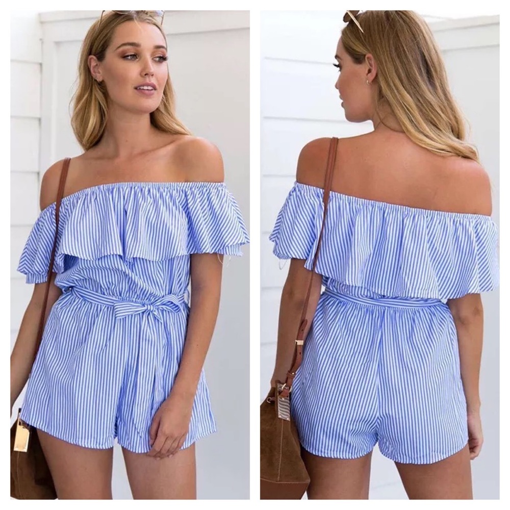 Blue Striped Off Shoulder Jumpsuit with Tie Waist - Picture 5 of 14